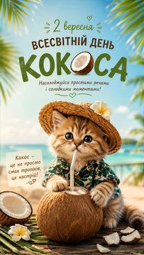 Cute fluffy kitten enjoying fresh coconut water on a sunny tropical beach, wearing a straw hat and Hawaiian-style shirt. Ukrainian summer greeting card.