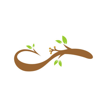 A flat, minimalist vector logo featuring a curving brown tree branch styled into an infinity loop shape, accented with small green leaves and tiny yellow berries or buds. The design evokes themes of n