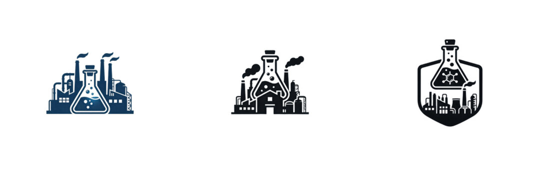 Chemical Plant Laboratory Flask Icon Set Isolated Transparent Background Cutout PNG Clipart Graphic Element Industrial Refinery Science Chemistry Factory Logo Emblem Shield Badge Engineering Business 