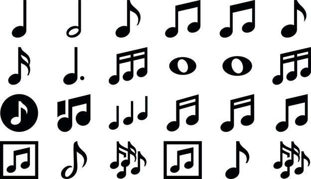 Music note vector icon set with various musical notation symbols treble clef eighth sixteenth chord silhouette isolated on white background