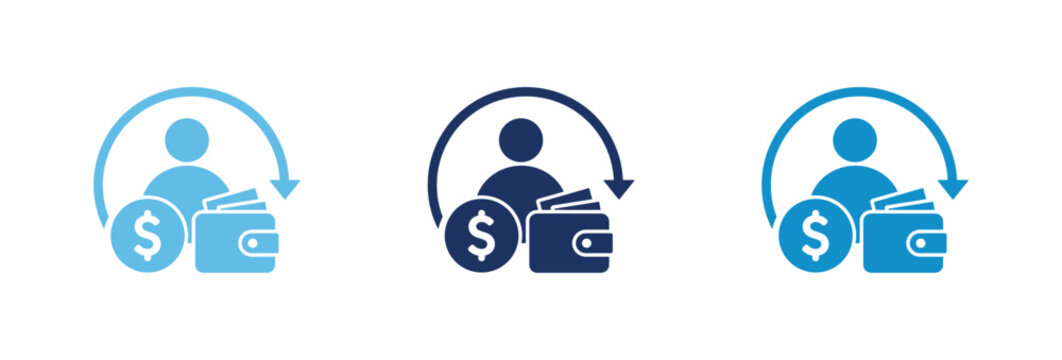 Financial customer retention and cashback loyalty program icons with wallet and dollar symbols.
