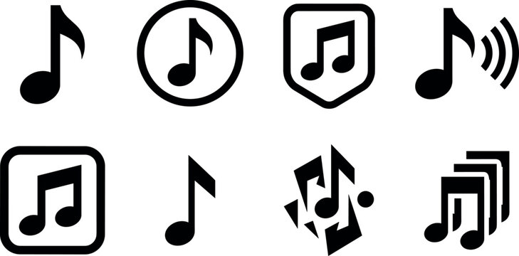 Music note icon set for media player sound wave audio streaming song melody geometric shield badge web UI graphic vector