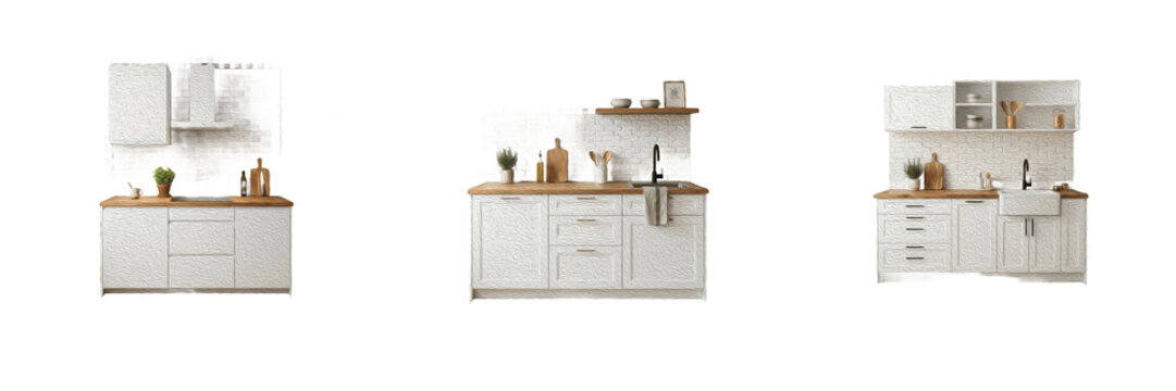 Modern White Kitchen Cabinet PNG Vector Set, Interior Furniture & Countertop Cutout Collection, Wooden Counter Kitchen Unit Graphic Asset, Isolated Kitchen Island Clipart Pack, Home Interior for Stock