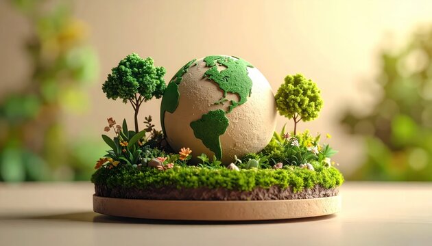 Miniature earth globe on moss base with small green trees