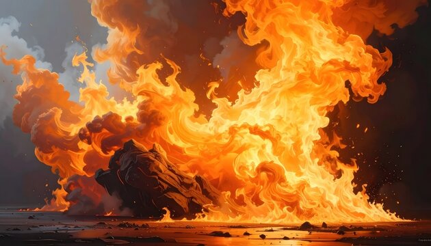 Massive orange flames and smoke erupting from dark ground