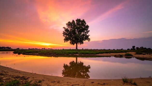 Lone tree reflecting in calm water during vibrant sunset landscape