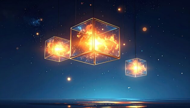 Glowing cubes containing fire hanging in starry cosmic space