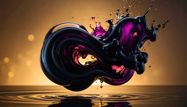 Glossy black and purple fluid splash on golden bokeh background