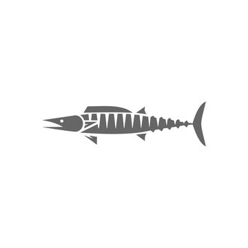 A flat, minimalist vector logo featuring a solid grey silhouette of a predatory marine fish, such as a wahoo or barracuda, characterized by an elongated body, pointed snout, vertical striping details,