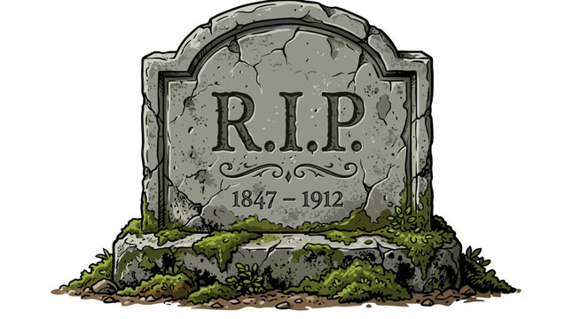 Old Stone Tombstone with RIP Inscription and Moss Isolated on White halloween