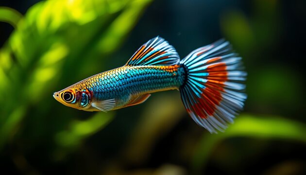 A brightly colored guppy with a large, fanned tail displays its vibrant orange and blue hues underwater.