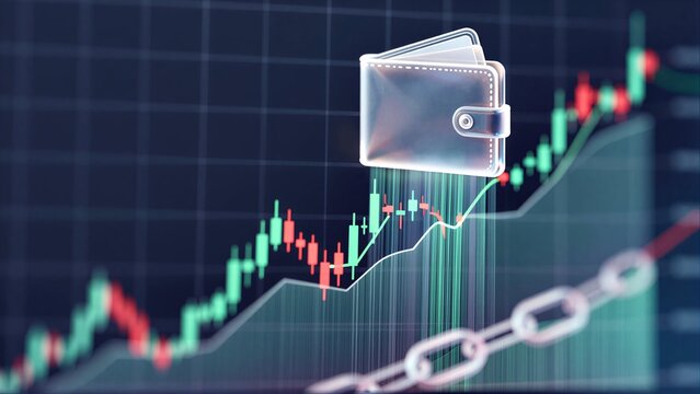 Cryptocurrency growth chart with wallet and chain symbolizing digital finance success.