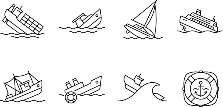 Sinking ship and boat line icon set featuring marine vessel disaster accident container cargo ocean wave shipwreck buoy vector