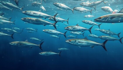 Obraz premium A large school of silver fish swims together in the deep blue ocean.