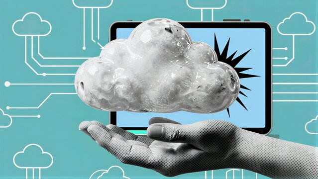 Hand holds glowing cloud above tablet, symbolizing digital data storage and connectivity.