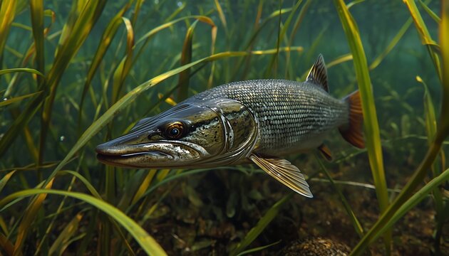 A long, slender pike fish with intricate scale patterns swims through dense green aquatic plants.
