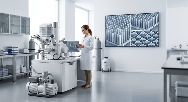 Scientist in Advanced Lab Reviewing SEM Nanostructure Images