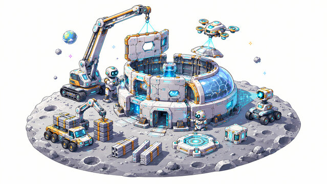 Futuristic Robots Building a Modular Habitat on the Moon