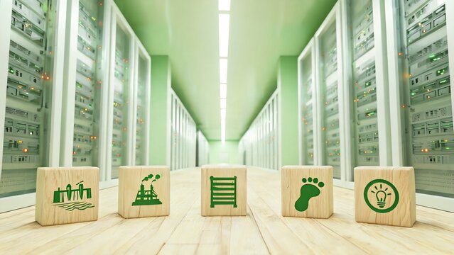Low Angle Shot of Green Data Center Corridor With Carbon Reduction Wooden Block Icons