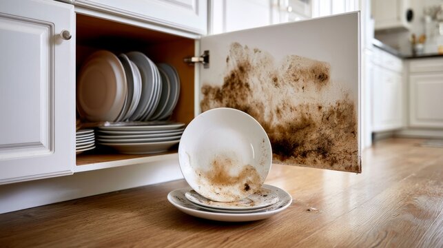 Dirty kitchen cabinet with moldy dishes and contaminated plates visualizing home maintenance challenges