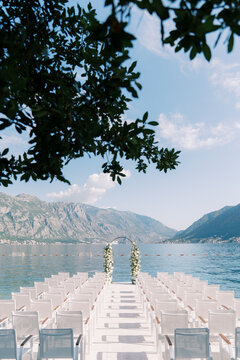 Outdoor Wedding Ceremony on Pier with Mountain and Sea View in Bajova Kula Montenegro