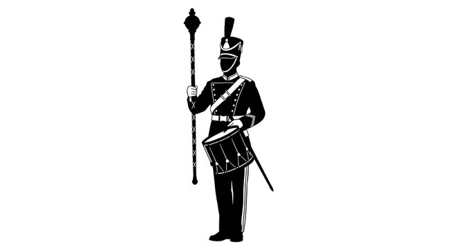 Drum major silhouette holding mace and snare drum