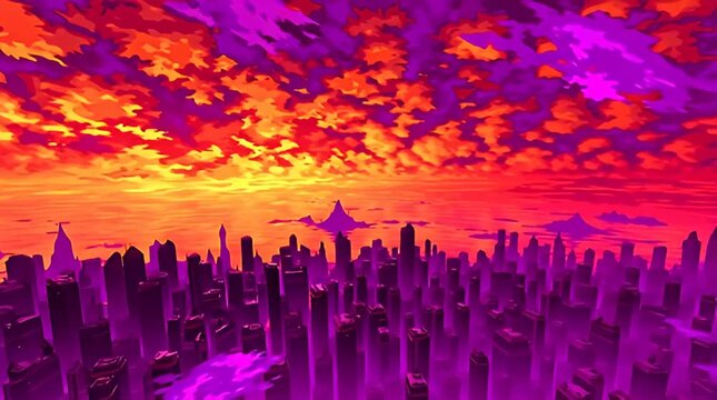 Vibrant futuristic cityscape skyline at sunset with dramatic purple and orange sky digital art illustration for sci-fi backgrounds gaming assets and creative projects