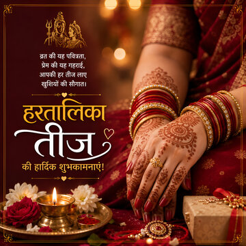 Hartalika Teej Festival Greeting with Mehndi Hands, Bangles and Diya