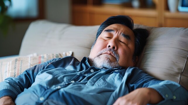 リビングのソファで居眠りをするシニア男性