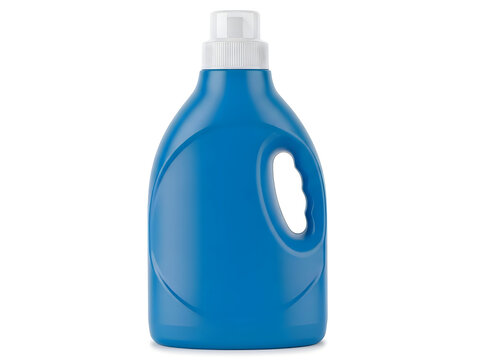 Blue plastic laundry detergent bottle with handle isolated on white background