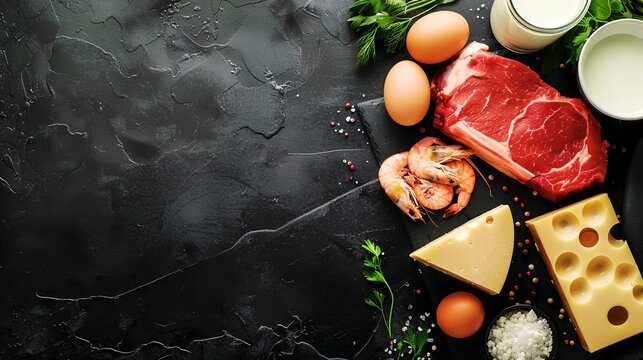 黒い背景に並べられた高タンパク質な食材のフラットレイ（生肉・海老・チーズ・卵・乳製品）