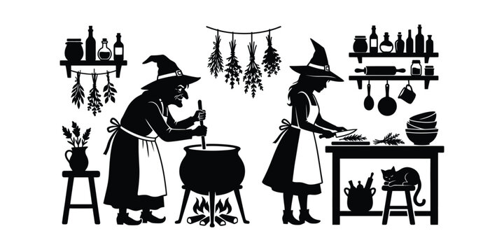 Black and white silhouette illustration of two witches preparing magic potions in a rustic kitchen with herbs and a black cat.