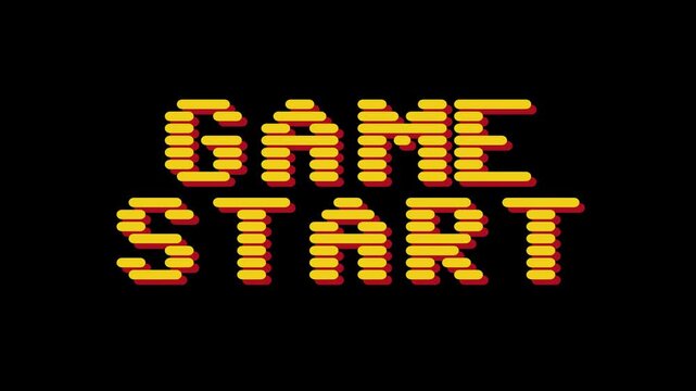 Retro 8-bit Pixel Art Graphic with the words GAME START displayed in a blocky, glowing font on a black background