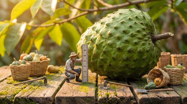 Small Gardener Measuring Big Green Gourd in Garden