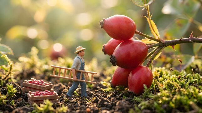 Miniature Farmer Carrying Ladder Through Orchard
