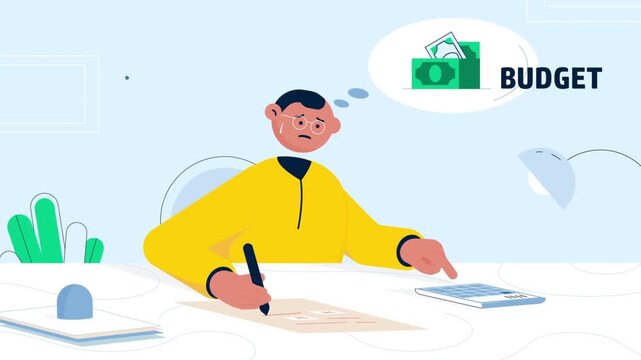 Stressed person working on budget planning in this animated business office footage featuring colorful vector graphics and smooth motion style