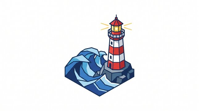 Cartoon lighthouse icon on rock with ocean waves. White background. Single icon.