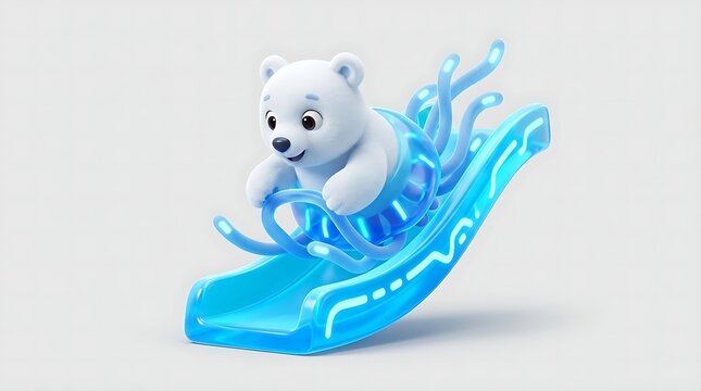 Cute polar bear cub sliding on neon blue jellyfish sled