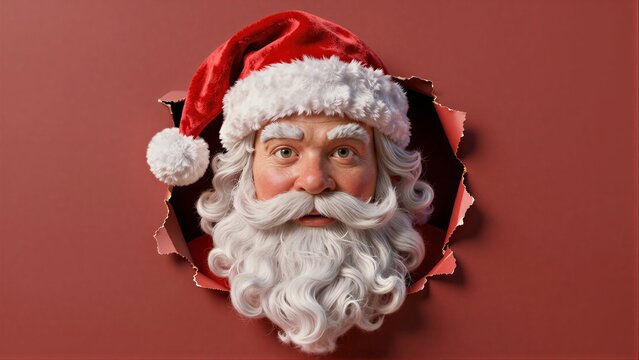 Santa Claus peers through a torn red paper, eyes wide with surprise.