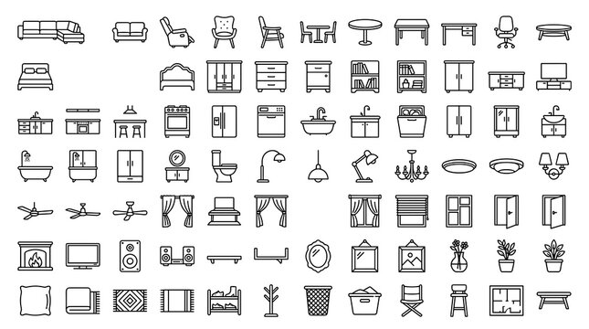 Modern Home Interior Thin Line Icon Collection Featuring Furniture, Rooms, Lighting, Decor, and Household Design Editable Vector Symbols
