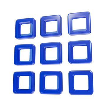 Glossy blue 3d app grid menu featuring nine rounded squares on a solid black background, grid app menu isolated on a transparent background