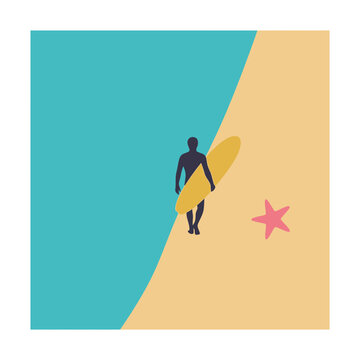 Minimalist vector illustration of a surfer walking on sandy beach by the ocean