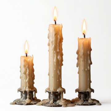 Candles with melting wax stand burning against a clean white background.