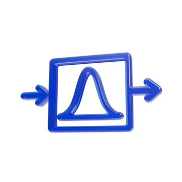 Glossy blue 3d statistical bell curve distribution inside a square frame with horizontal arrows statistical distribution isolated on a transparent background