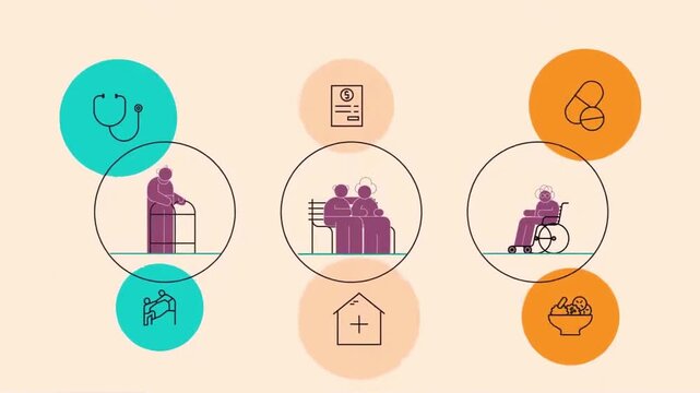 Senior care animated motion footage showing elderly people with medical icons in flat vector style design for healthcare marketing presentation