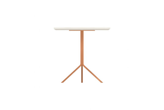 Ein moderner, minimalistischer Stehtisch mit einer runden wei&szlig;en Tischplatte und einem schlanken, dreibeinigen Gestell aus hellem Holz, isoliert vor einem rein wei&szlig;en Hintergrund f&uuml;r Inneneinrichtung.