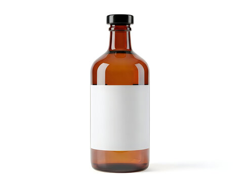 Empty brown glass bottle with blank label for branding isolated on white background