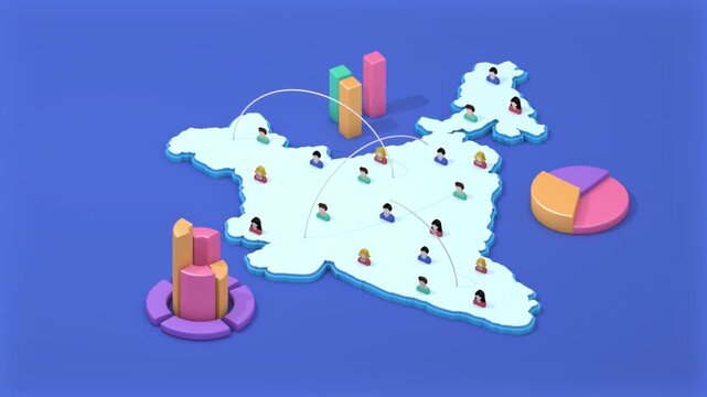 India map infographic featuring 3d isometric population visualization with networking lines and animated business growth charts in video motion