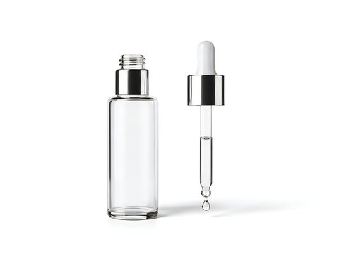 Empty glass dropper bottle for serum or essential oil isolated on white background