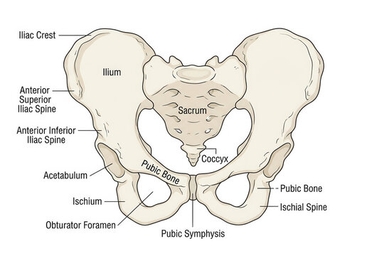 Detaillierte anatomische Illustration des menschlichen Beckens mit Beschriftung der Knochenstrukturen wie Darmbein, Kreuzbein, Stei&szlig;bein, Schambein und H&uuml;ftgelenkpfanne auf wei&szlig;em Hintergrund.
